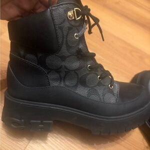 Coach Black Signature Lace-Up Lug-Sole Ankle Boots